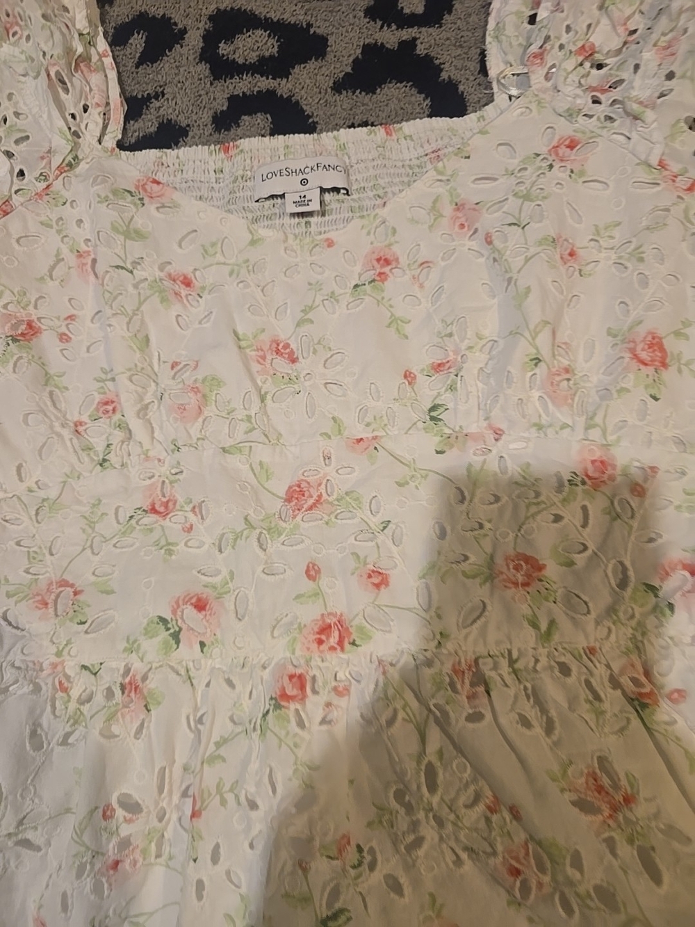 Loveshack Fancy Size 14 100% Cotton White Floral Eyelet Dress with Puff Sleeves - Picture 3 of 16